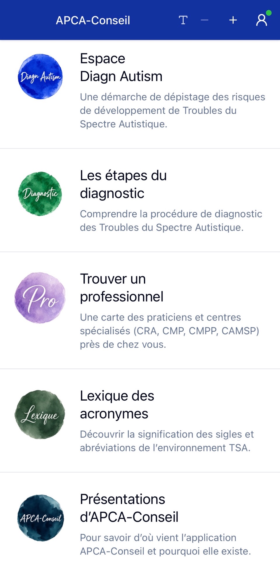 Page d’accueil de l’application APCA-Conseil